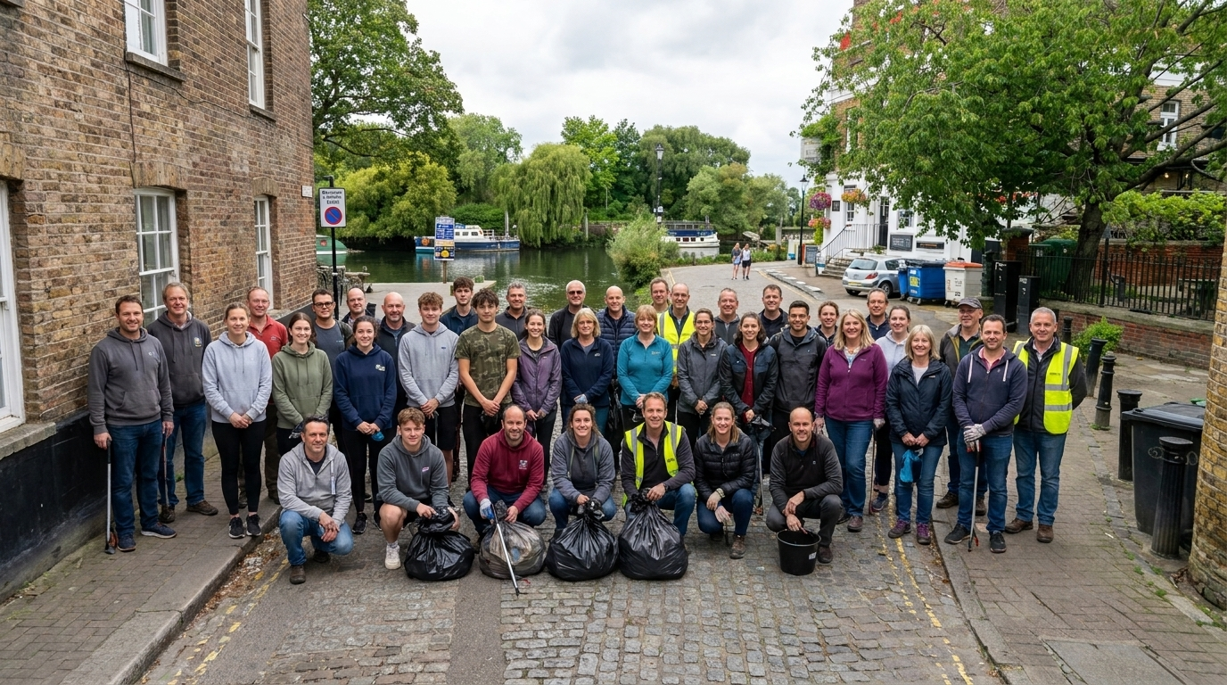 Some Richmond Community Cleanup volunteers gathered beside the river with bags of collected litter.